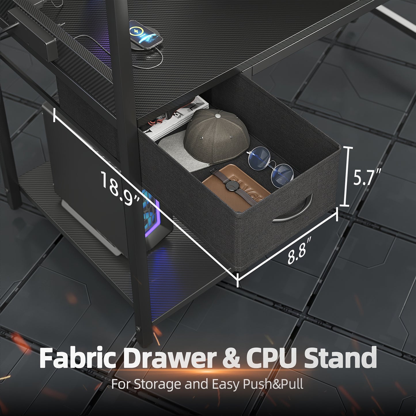 BEXEVUE Gaming Desk with Power Outlet And LED Light, Computer Desk with Reversible Shelves And Storage Drawer, Small PC Desk for Home Office Table with Bag