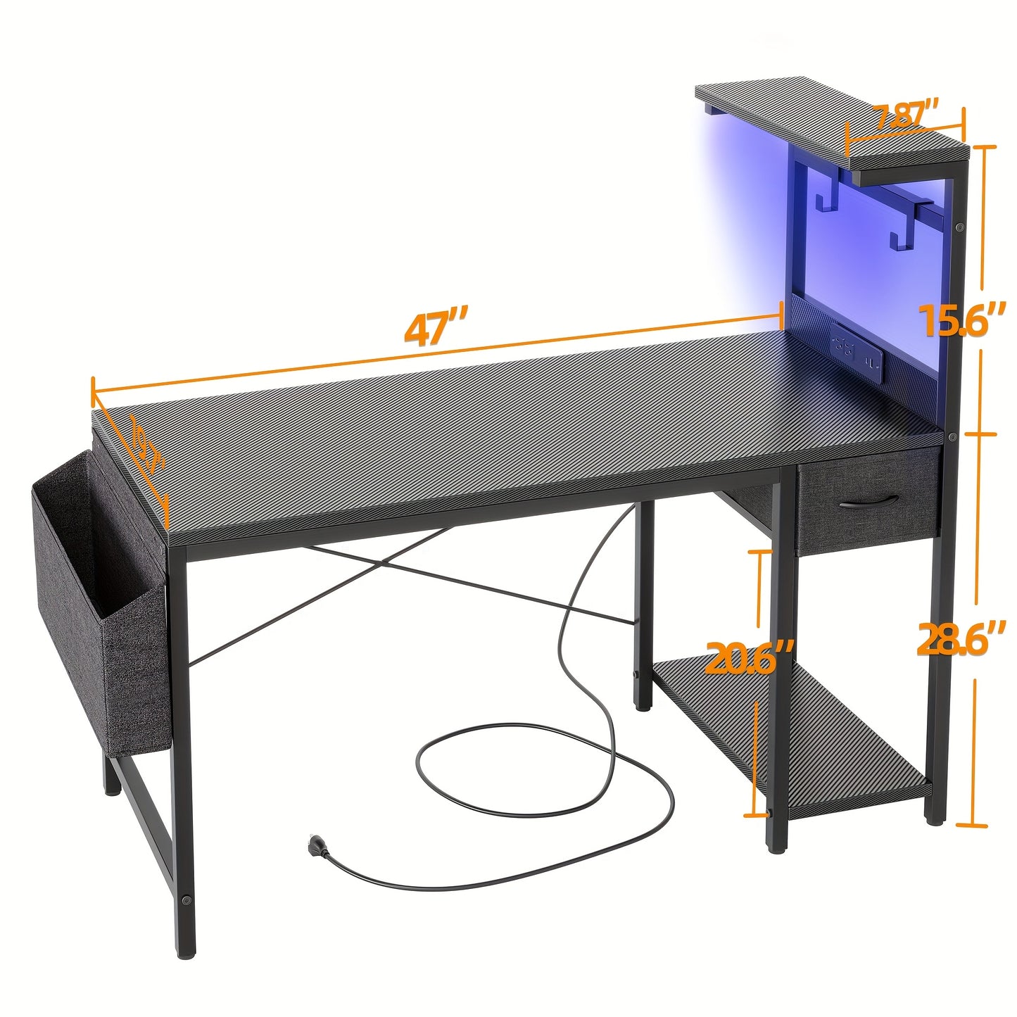 BEXEVUE Gaming Desk with Power Outlet And LED Light, Computer Desk with Reversible Shelves And Storage Drawer, Small PC Desk for Home Office Table with Bag