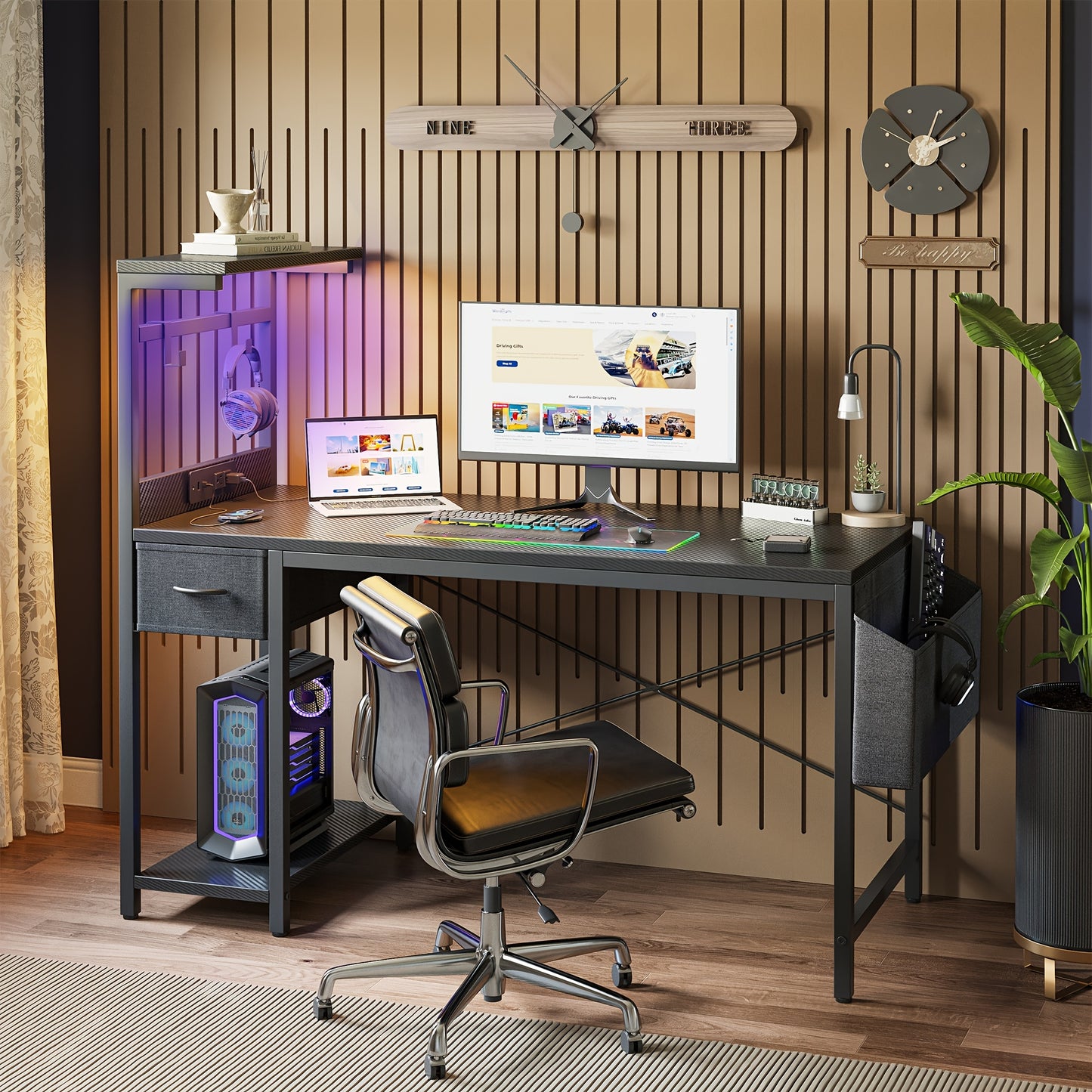 BEXEVUE Gaming Desk with Power Outlet And LED Light, Computer Desk with Reversible Shelves And Storage Drawer, Small PC Desk for Home Office Table with Bag