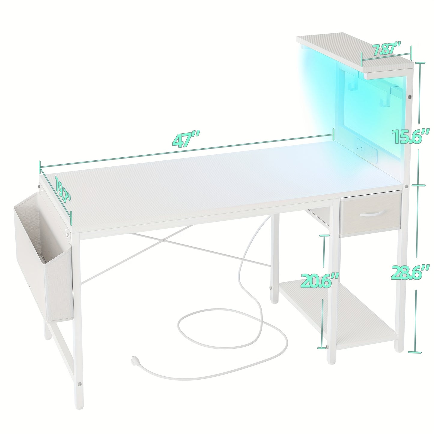 BEXEVUE Gaming Desk with Power Outlet And LED Light, Computer Desk with Reversible Shelves And Storage Drawer, Small PC Desk for Home Office Table with Bag