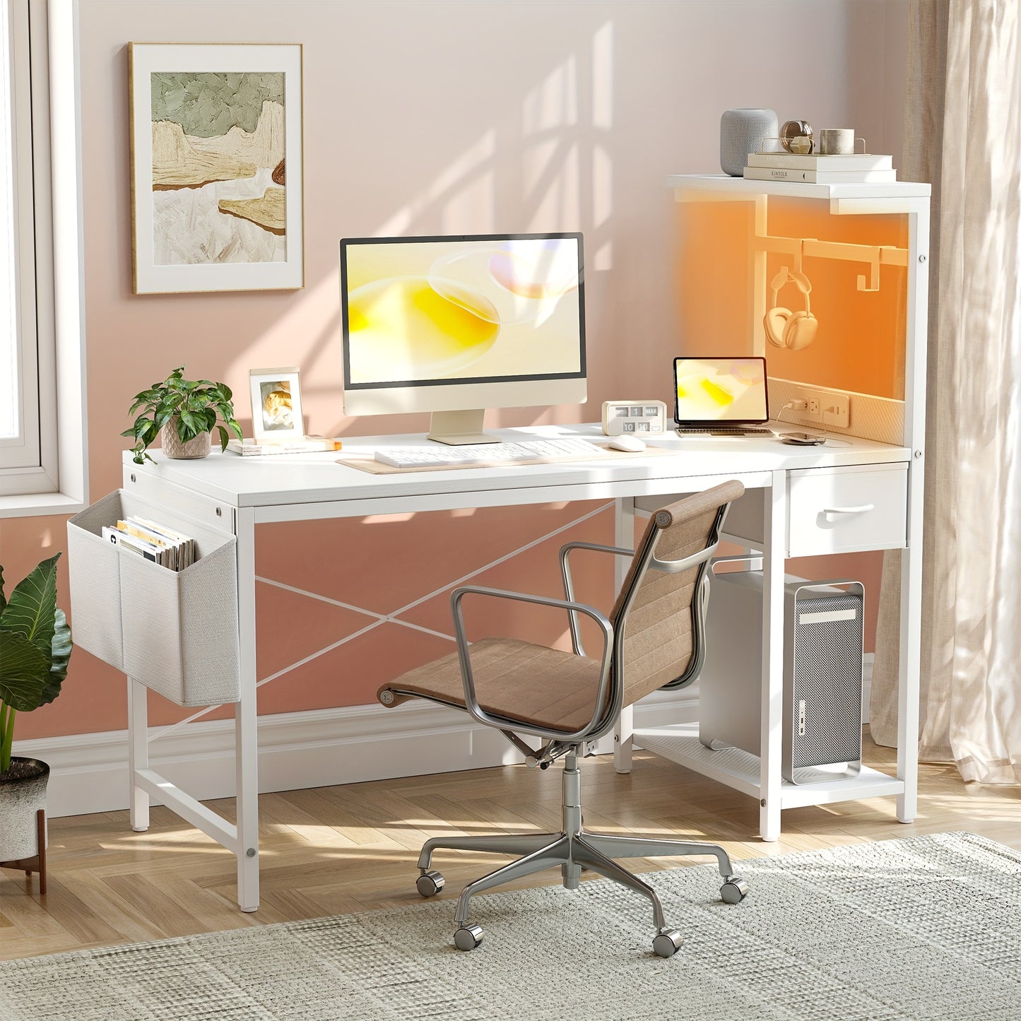 BEXEVUE Gaming Desk with Power Outlet And LED Light, Computer Desk with Reversible Shelves And Storage Drawer, Small PC Desk for Home Office Table with Bag