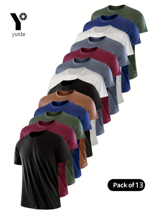 13pcs Men's Ultra-Light Quick-Dry Athletic T-Shirts - Breathable, Sweat Absorbent Short Sleeve Shirts for Gym, Running & Training, Assorted Colors (Black, Red, Army Green, Navy Blue, Light Brown, White, Gray), Sports Clothing