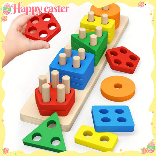 CYCG Wooden Toys Sorting & Stacking, Educational Wooden Toys for 0-3 Year Old Boys & Girls Color Recognition, Shape Sorter & Learning Puzzles - Perfect Gift! (Mixed Color)